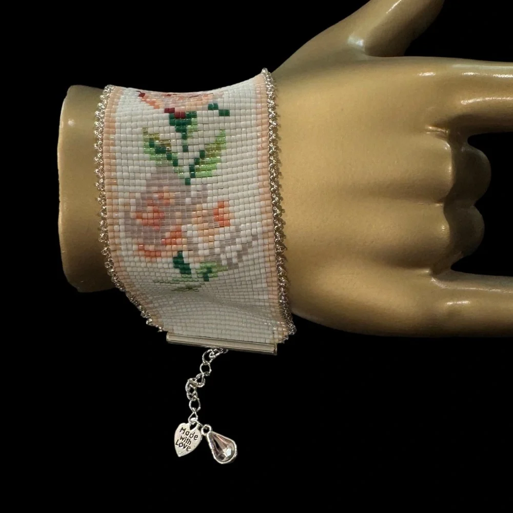 COPY - Handcrafted loom cuff bracelet roses on white w/silver beaded border adj…